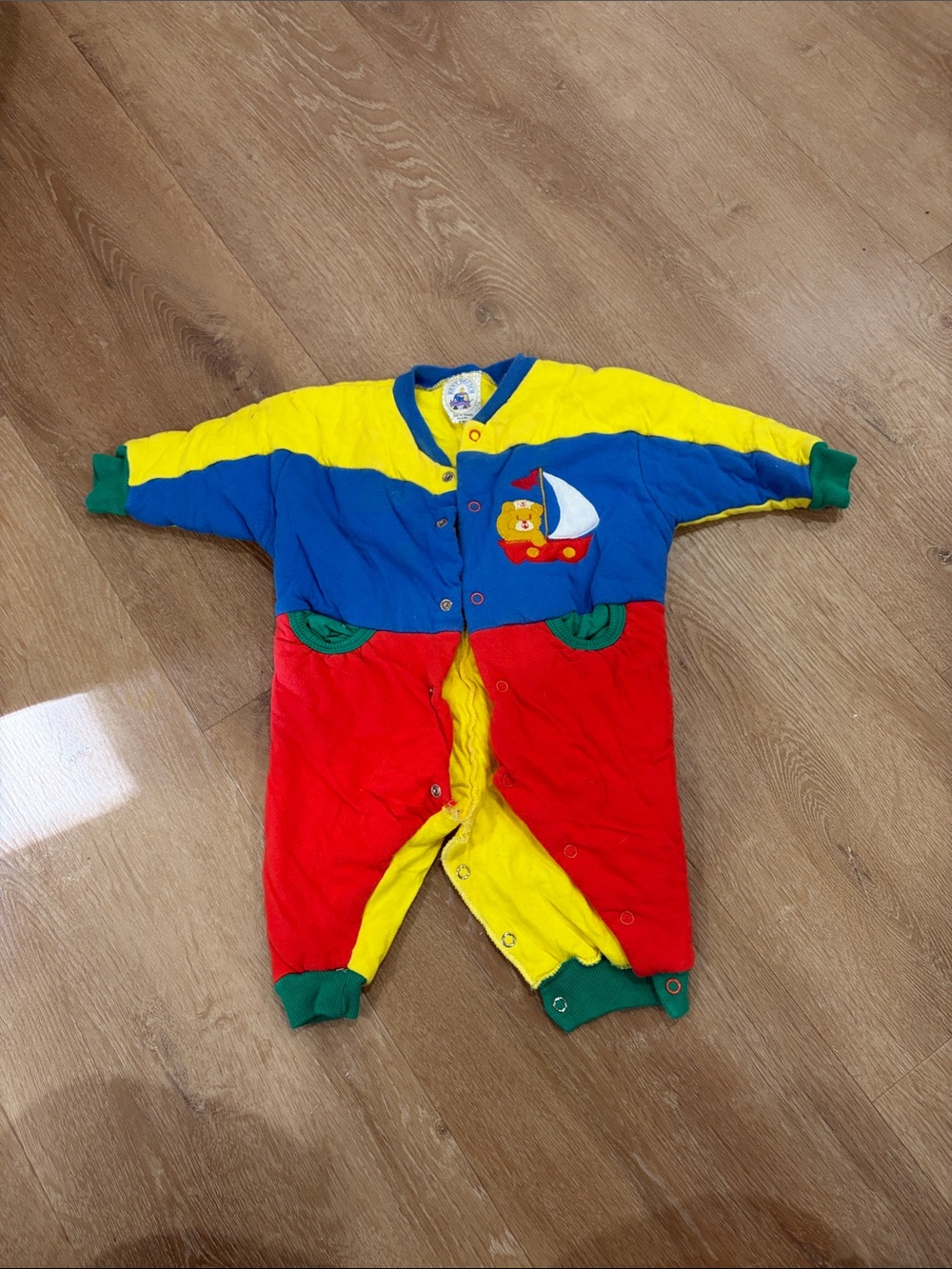 Vintage Colorblock Sailboat One-Piece Romper in Yellow, Blue & Red